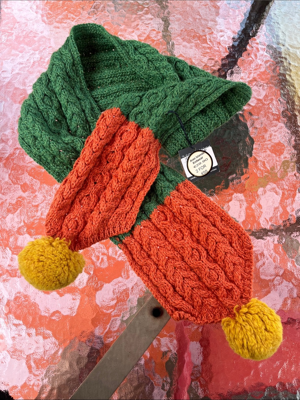 Aran Crafts Green and Orange Cable Knit Scarf with Yellow Pom Poms NWT